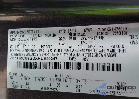 2017 Ford Escape Se z USA, uszkodzony, nr VIN 1FMCU9GDXHUE49247